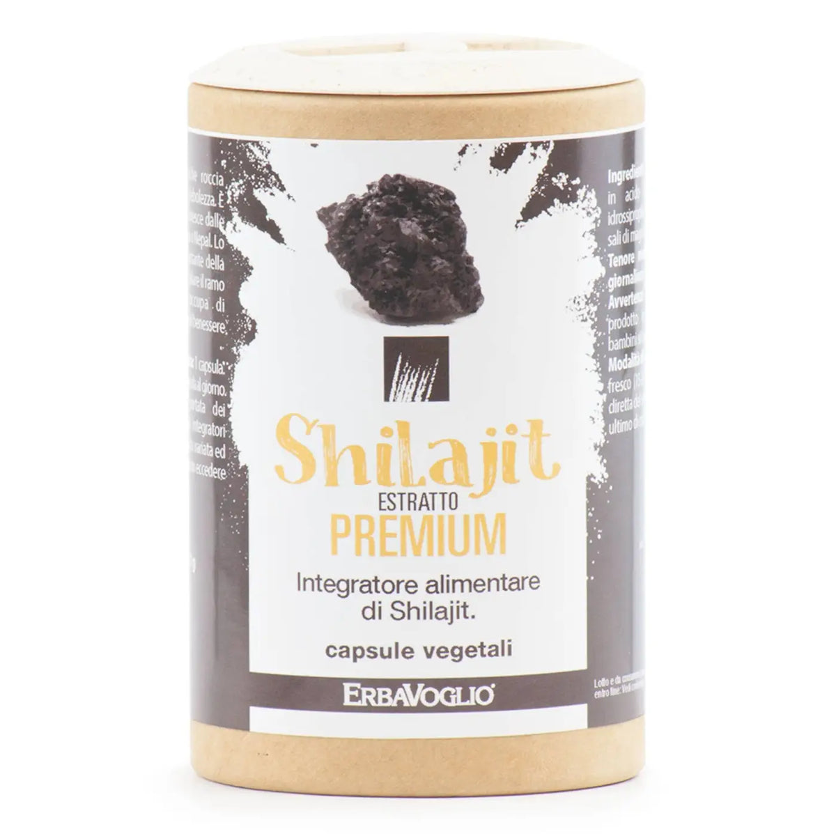 Erbavoglio Premium Shilajit-Extraktkapseln, Nahrungsergänzung, braune Kapseln in einer Packung auf weißem Hintergrund