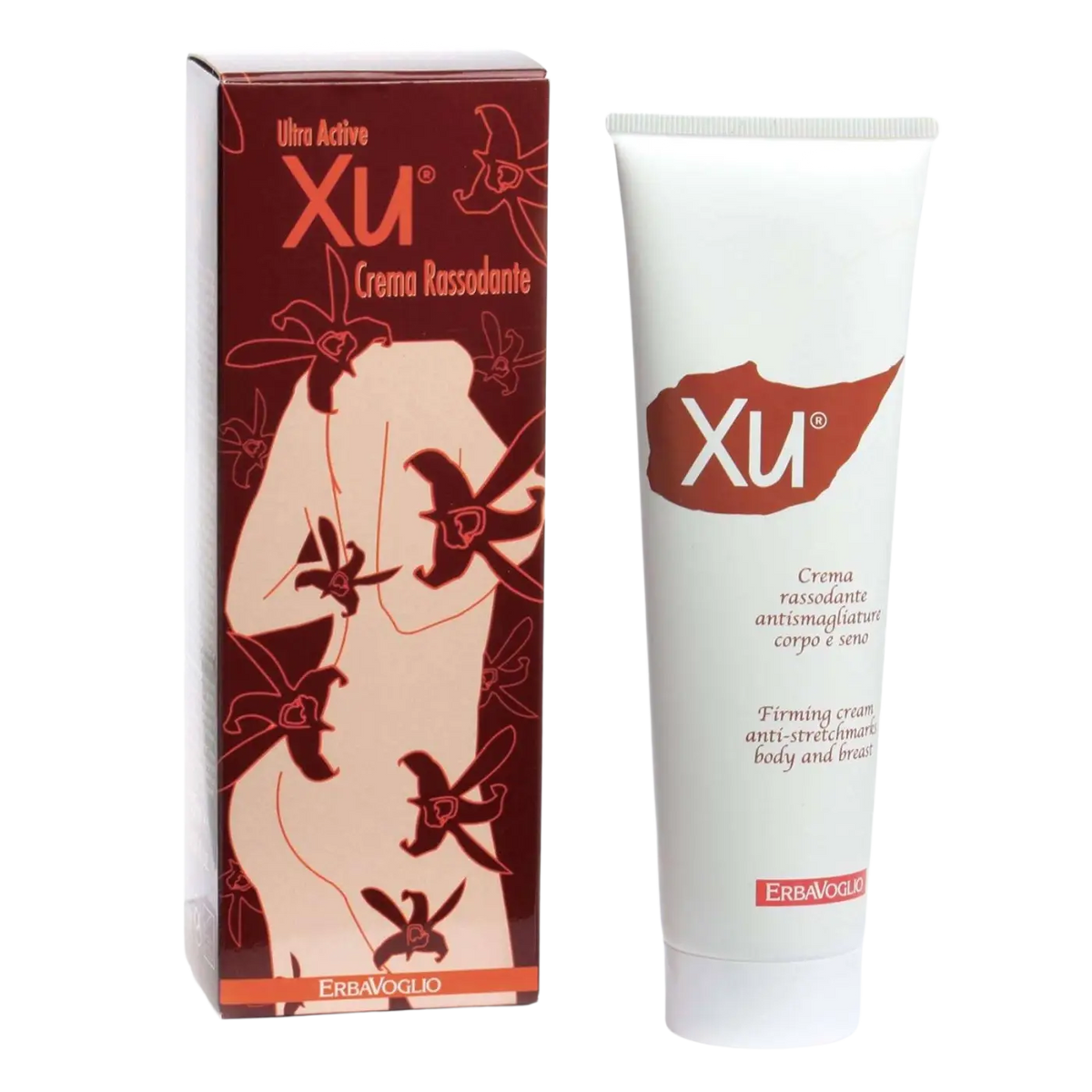 Erbavoglio Xu Ultraaktive Brust- und Körperstraffungspflege mit Vanille, sichtbare Textur und Verpackung auf weißem Hintergrund