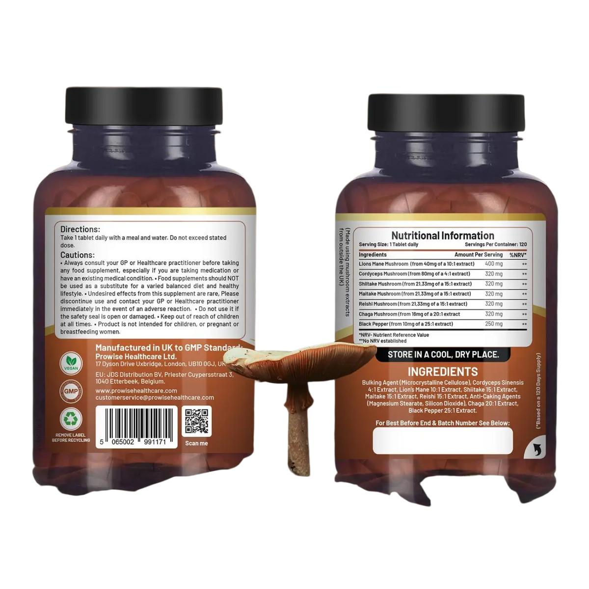 Veganer Prowise Healthcare Pilzkomplex mit 6 Pilzen in 120 Tabletten, Nahrungsergänzung für das Immunsystem.
