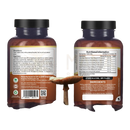 Zwei bernsteinfarbene glasflaschen mit schwarzen verschlüssen und nahrwertangaben der rückseite des erweitertes pilzkomplex mit 6 pilzen veganen tabletten