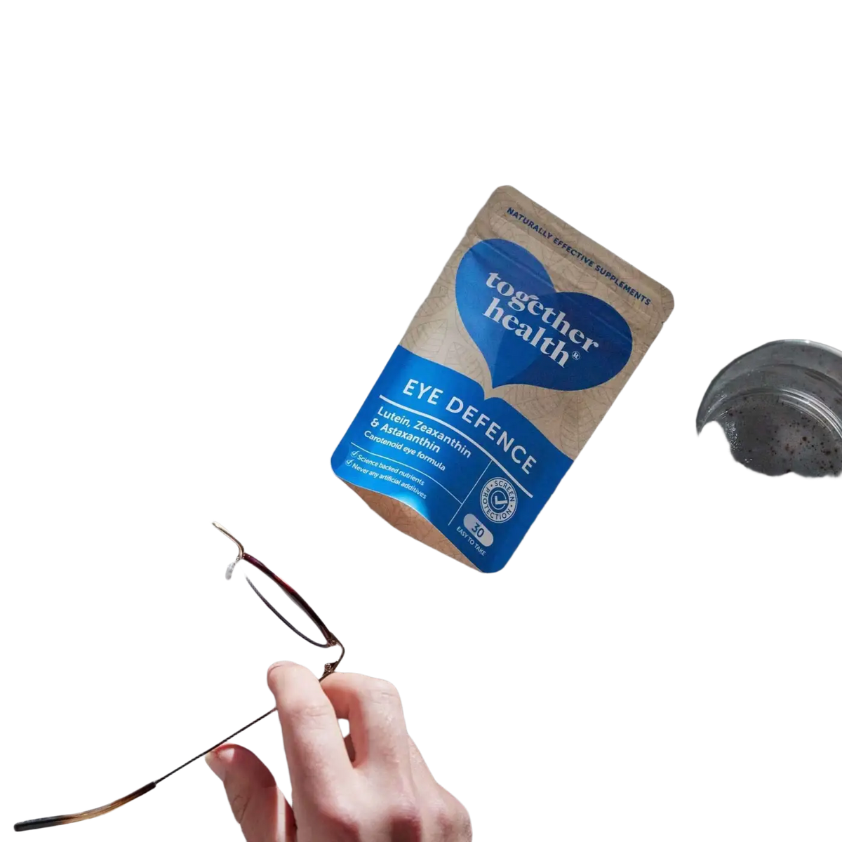 Nahrungsergänzungsmittel "Eye Defence" von Together Health in 30 Kapseln, für die Augengesundheit, verpackt in einer Blisterdose.