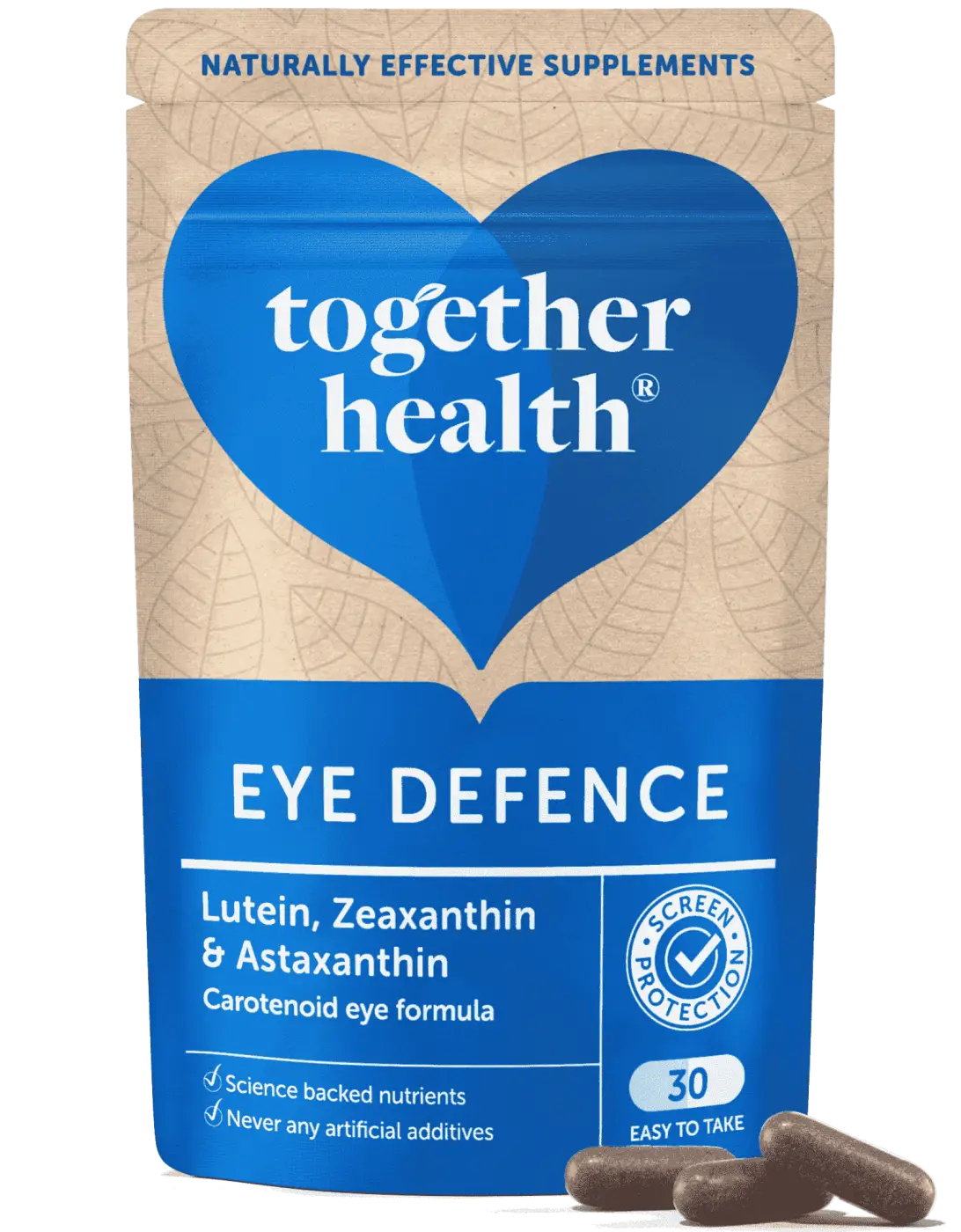 Augen-Nahrungsergänzungsmittel Eye Defence von Together Health in 30 Kapseln, mit Blick auf die Verpackung und Kapseln.