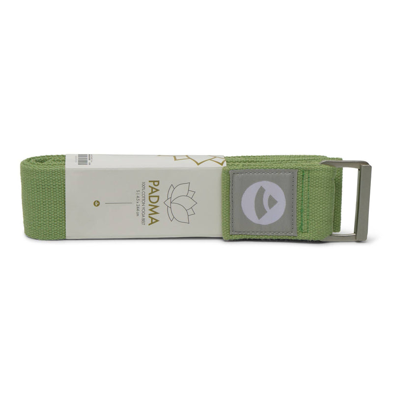 Grüner Padma Yogagurt aus 100% Baumwolle, 2,45 m lang, mit Metallschnalle und Produktetikett.