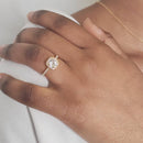 Eine Person, die einen Halo-Verlobungsring aus Gold mit einem runden Diamanten am Finger trägt.