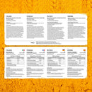 Ein detailliertes Bild eines Nahrungsergänzungsmittellabels, das Produktinformationen für Bio-Kurkuma, Ingwer & schwarzen Pfeffer in vier Sprachen zeigt: Italienisch, Französisch, Deutsch und Spanisch, einschließlich einer Stärke von 2280mg pro Portion und Nährwertangaben.