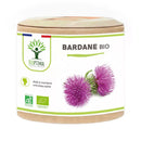 Ein zylindrischer Pappbehälter mit „Bardane Bio“ (Bio-Klette) von Bioptimal. Das weiße Etikett zeigt lila Klettenblüten, die französische Flagge sowie Bio-Zertifizierungssymbole und gibt an, dass es zur Erhaltung einer gesunden Haut beiträgt.