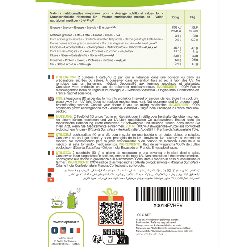 Detailliertes Rücketikett der 'Ashwagandha Bio'-Verpackung mit Nährwertangaben, Gebrauchsanweisungen in mehreren Sprachen, Zutaten, Barcode und QR-Code, auf weißem Hintergrund.