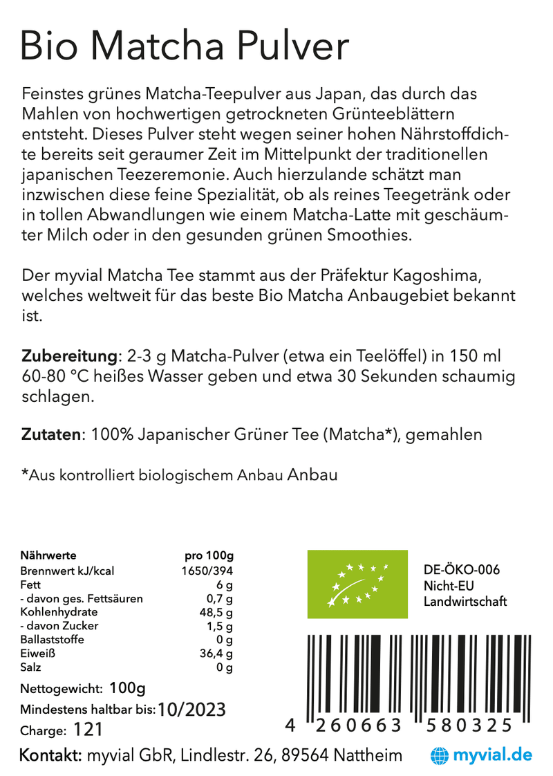 Bio Matcha Pulver 100g - Premium Qualität aus Japan - Vegan