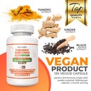 Eine Flasche Harmonify Turmeric Curcumin mit Ingwer (120 vegane Kapseln, 1000 mg), umgeben von Kurkuma-, Ingwer- und Schwarzpfefferextrakten, mit einem goldenen "Top Quality"-Siegel und dem Hinweis "Vegan Product".