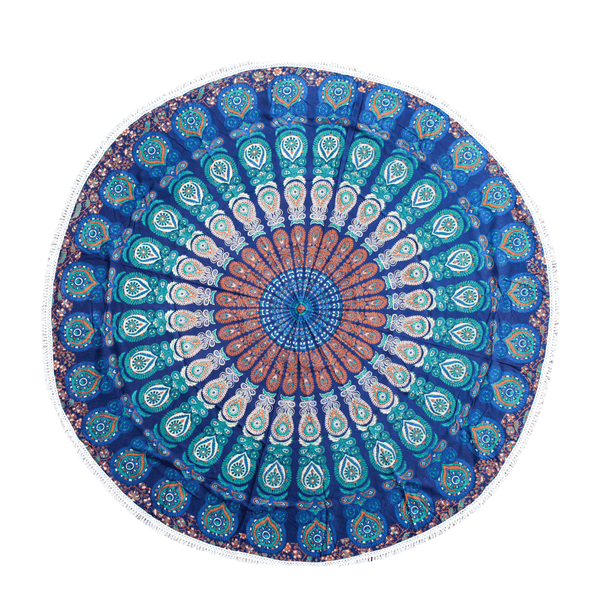 Runde Leinwand „Blue Mandala“ mit Baumwollquasten 180cm