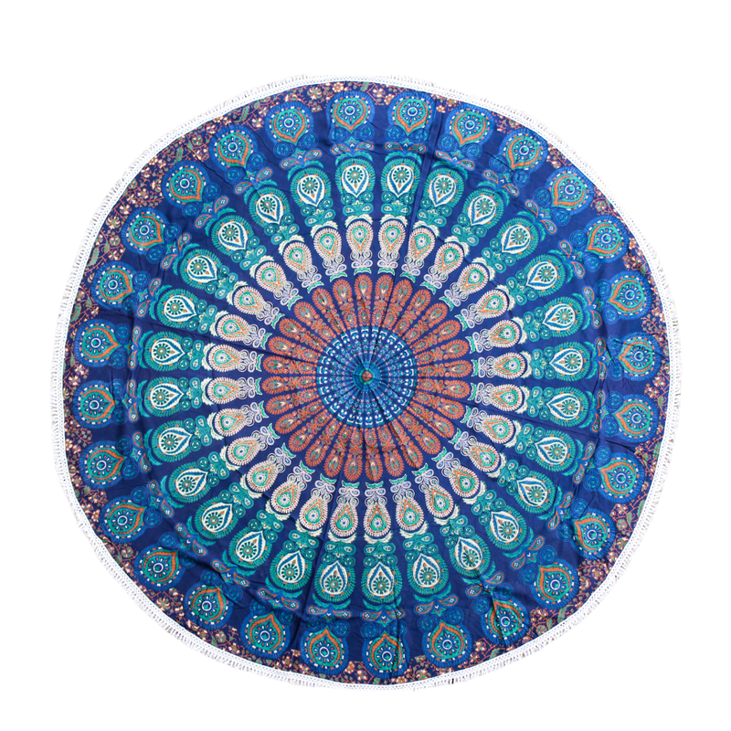 Runde Leinwand „Blue Mandala“ mit Baumwollquasten