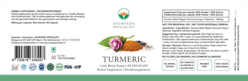 Ayurveda Specialist B.V. - Kurkuma mit Schwarzem Pfeffer (Kurkuma, Gelbwurz) - Leber, Kreislauf