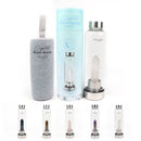 Eine Anordnung von Wasserflaschen mit Kristallen, darunter eine mit grauer Stoffhülle, eine in einer zylindrischen Verpackung und fünf kleinere Flaschen mit verschiedenen farbigen Kristallen.