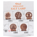Eine Produktverpackung für Natürliche Himalaya-Salzlampen der Marke GREEN TREE, die fünf verschiedene runde Lampendesigns (Blume des Lebens, Pentagramm, Lebensbaum, Lotus-Sitz und Mondphasen) zeigt.