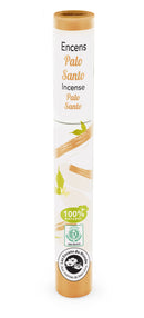 Palo-Santo-Räucherstäbchen-Röhre mit Holz-Illustrationen und Bio-Zertifizierungslogos.