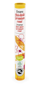 Sternanis- und Rosengeranien-Räucherstäbchen-Röhre mit floralen Illustrationen und Bio-Zertifizierungslogos.
