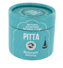 Ein kleiner hellblauer zylindrischer Behälter mit Pitta-Ayurveda-Naturräucherkegeln.