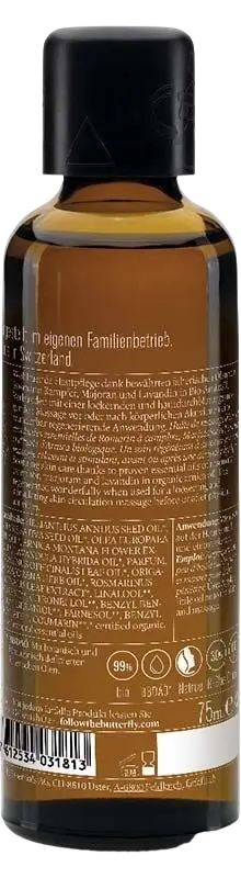 Farfalla Körperöl Muskelfit mit Arnika, Rosmarin und Kampfer, für wohltuende Regeneration, neben einem Fläschchen des Produkts