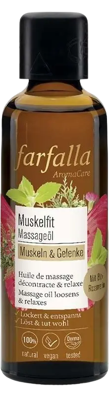 Farfalla Körperöl Muskelfit mit Arnika, Rosmarin und Kampfer, ideal für regenerierende Pflege, in einer stilvollen Flasche.