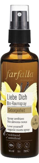 Bio-Raumspray von Farfalla mit Rose-Duft, 75 ml, zeigt die Flasche mit blumigem Design und natürlicher Inhaltsstoffe.