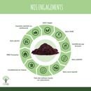 Grafik, die die Verpflichtungen von Bioptimal zeigt: 100 % vegan, glutenfrei, Bio-zertifiziert und auf Schwermetalle getestet, umgeben von einem Produktbild.