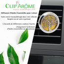 Werbebild für den Clip'Arôme Auto-Diffusor für ätherische Öle mit einem Lebensbaum-Medaillon, das an einer Lüftungsdüse des Autos befestigt ist.