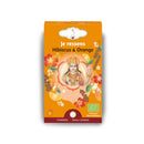 Vorderseite einer Teepackung für Ayurvedische Infusion: Hibiskus & Orange der Marke Chakras, die dem 2. Chakra zugeordnet ist und ein Bild einer hinduistischen Gottheit zeigt.