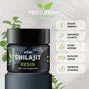 Altai Shilajit Resin von Feel Supreme, 50 g, mit über 80 Spurenelementen, in einer Glasdose auf weißem Hintergrund.
