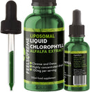 Liposomales flüssiges Chlorophyll von Feel Supreme, Nahrungsergänzung, in einer Flasche mit tropfendem Deckel.