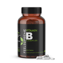 Vitamint B Komplex Nahrungsergänzung in 60 Kapseln, Dose von Feel Supreme, mit bunten B-Komplex-Kapseln, Nahaufnahme