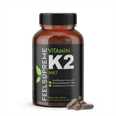 Vitamin K2 MK7 Nahrungsergänzung von Feel Supreme, bioaktive K2-Form, flüssige Kapsel mit dunkler Flasche.
