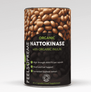 Bio-Nattokinase mit Inulin von Feel Supreme, Nahrungsergänzung, zeigt die Packung mit Kapseln und natürlichen Inhaltsstoffen.