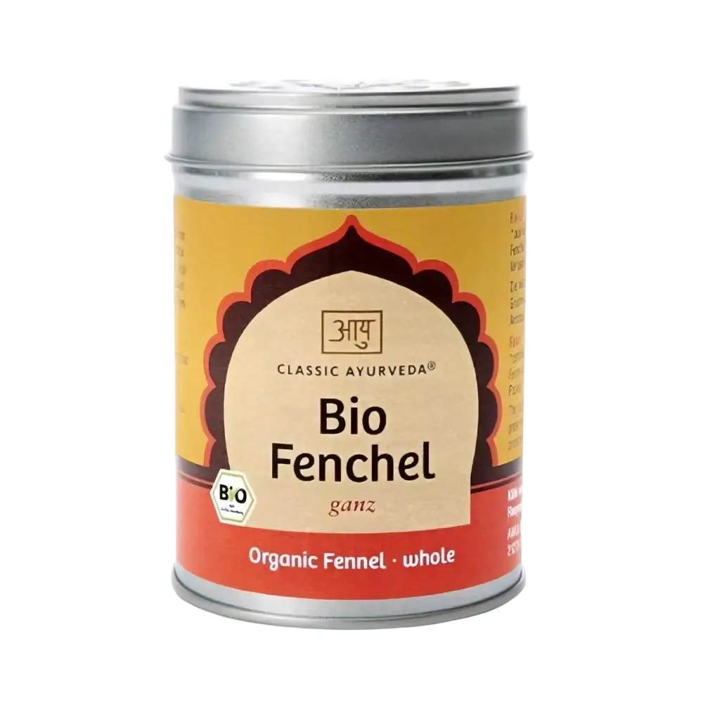 Ganz Bio-Fenchel aus der Gewürzreihe Classic Ayurveda in einem silbernen Metallbehälter, aromatisches Gewürz.