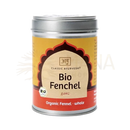Ein zylindrischer silberner metallbehälter mit gelbem und rotem label von klassisches ayurveda bio fenchel ganz süß madhura 70g