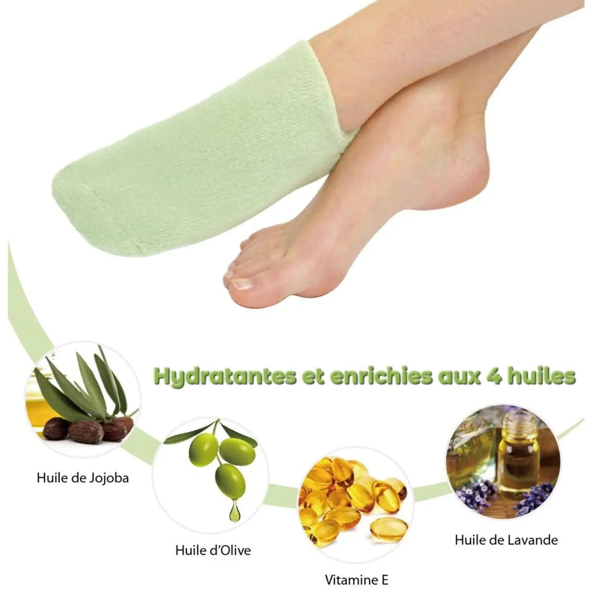 Grüne Feuchtigkeits- und Pflegesocken von Zen'Arôme mit pflegenden Ölen für entspannte Fusspflege.
