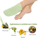 Infografik über feuchtigkeitsspendende Fersensocken, angereichert mit Jojobaöl, Olivenöl, Vitamin E und Lavendelöl.