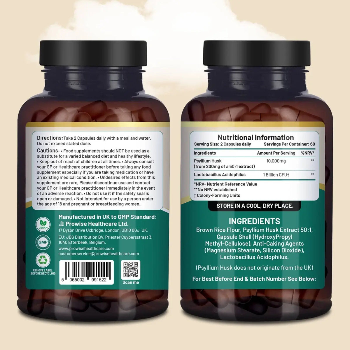 Flohsamenschalen mit Acidophilus, Nahrungsergänzungsmittel von Prowise Healthcare, mit 10.000 mg Flohsamenschalen und 1 Milliarde KBE.