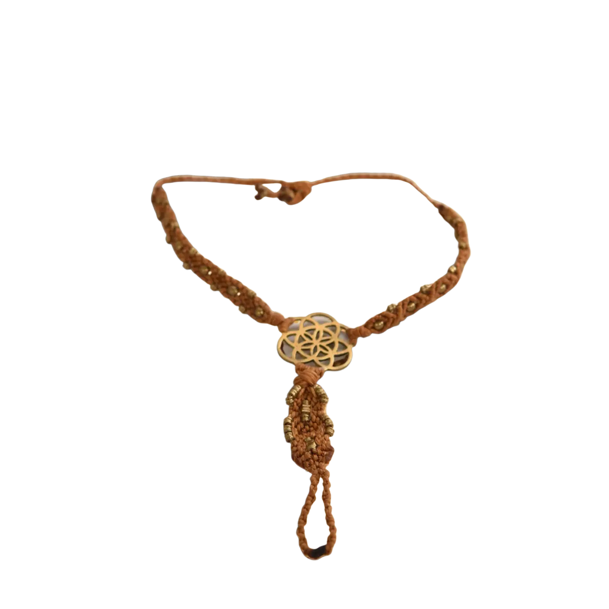 Große runde Blumen des Lebens Makramee-Halskette aus Bronze, braunes Schmuckstück, handgefertigt von Mana Kendra GmbH