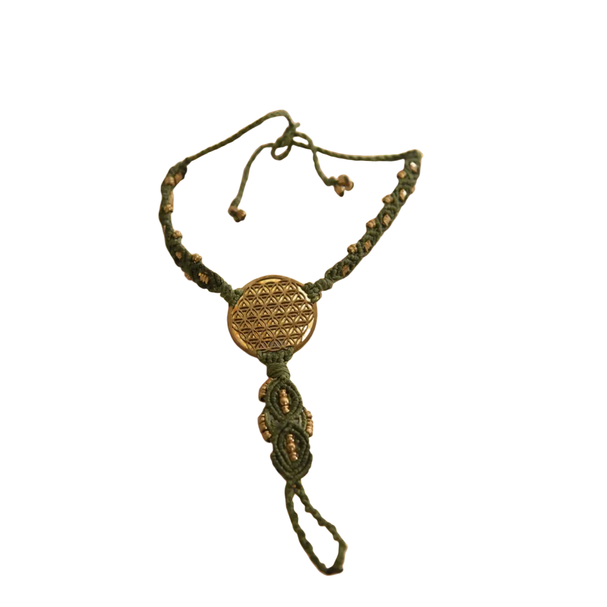 Große runde Flower of Life Makramee Halskette in Bronze mit grünen Akzenten, Schmuck von Mana Kendra GmbH.