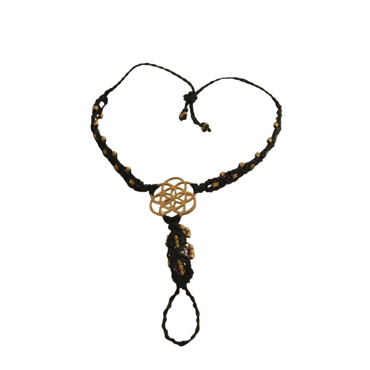 Große runde Blumen des Lebens Makramee-Halskette aus Bronze mit schwarzem Schmuckdesign, handgefertigt von Mana Kendra GmbH.