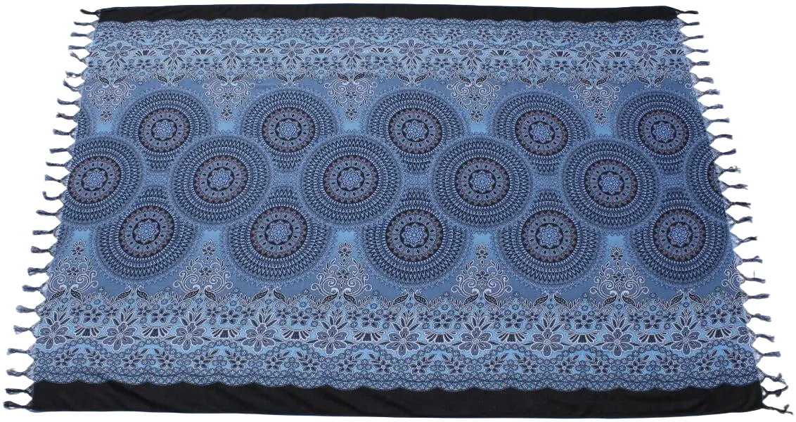 Blue mandala gemustertes lunghi sarong tuch 160x115cm mit schwarzer spitze und fransen pfauenfedern dunkelblau