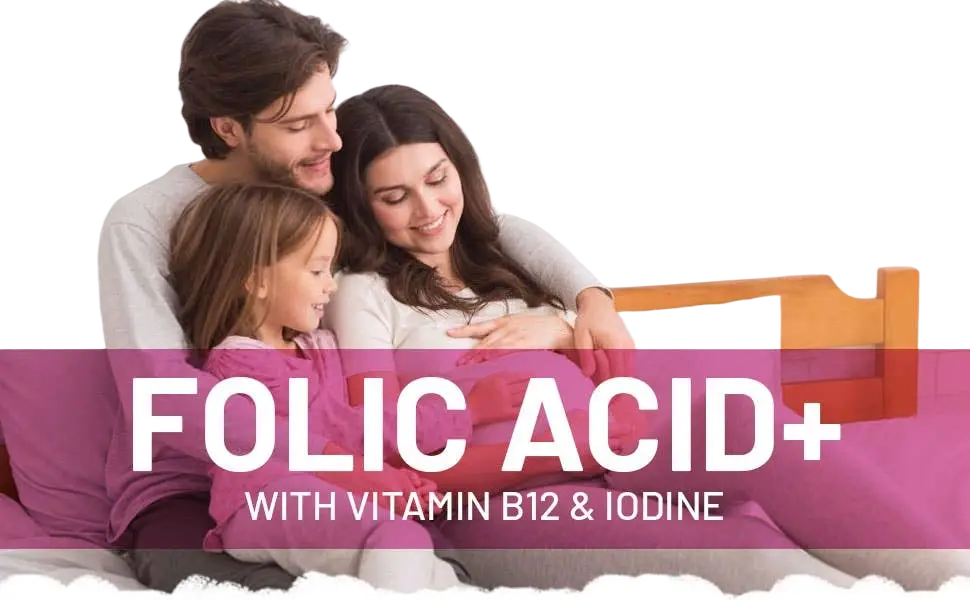 Vegane Folsäure-Tabletten mit 400 mcg, Vitamin B12 und Jod, Nahrungsergänzung von Prowise Healthcare, in Tablettenform.