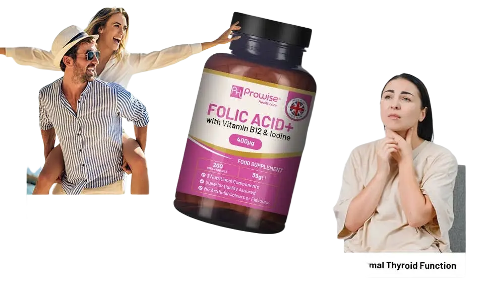 Vegane Folsäure-Tabletten mit 400 mcg, Vitamin B12 und Jod, Nahrungsergänzung von Prowise Healthcare, in Tablettenform.