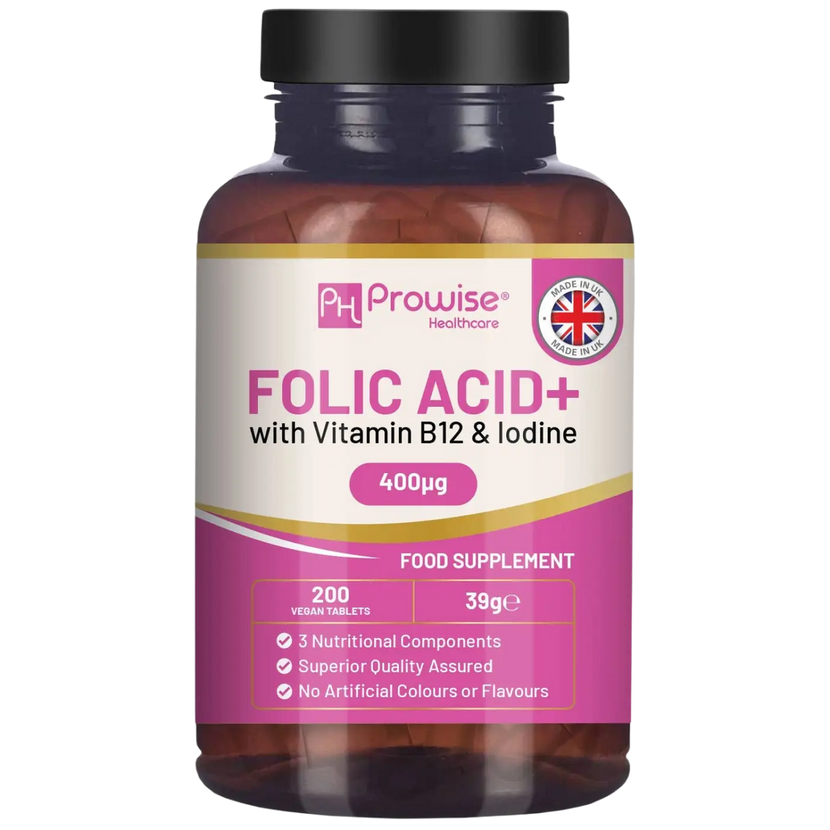 Vegane Folsäure-Tabletten mit 400 mcg, Vitamin B12 und Jod, Nahrungsergänzung von Prowise Healthcare, in Tablettenform.