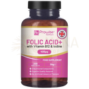 Ein braunes glasfläschchen mit schwarzem verschluss und etikett prowise healthcare folsäure+ vitamin b12 und jod 400 µg