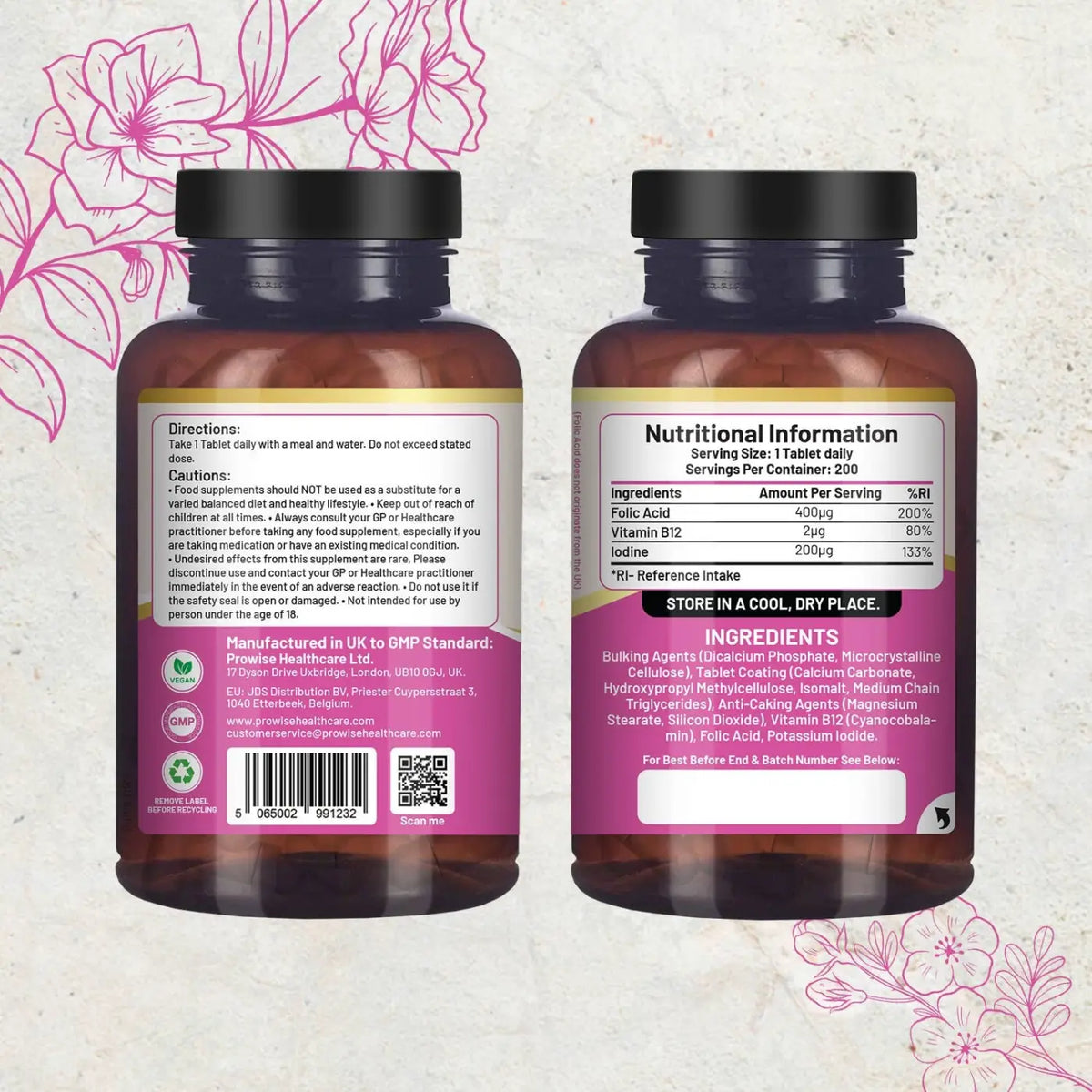 Vegane Folsäure-Tabletten mit 400 mcg, Vitamin B12 und Jod, Nahrungsergänzung von Prowise Healthcare, naturbelassene Kapseln