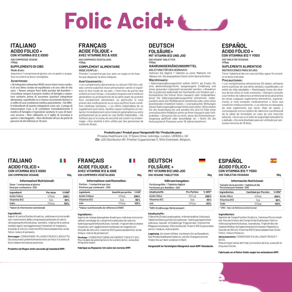 Vegane Folsäure-Tabletten mit 400 mcg, Vitamin B12 und Jod, Nahrungsergänzungsmittel von Prowise Healthcare, auf weißem Hintergrund