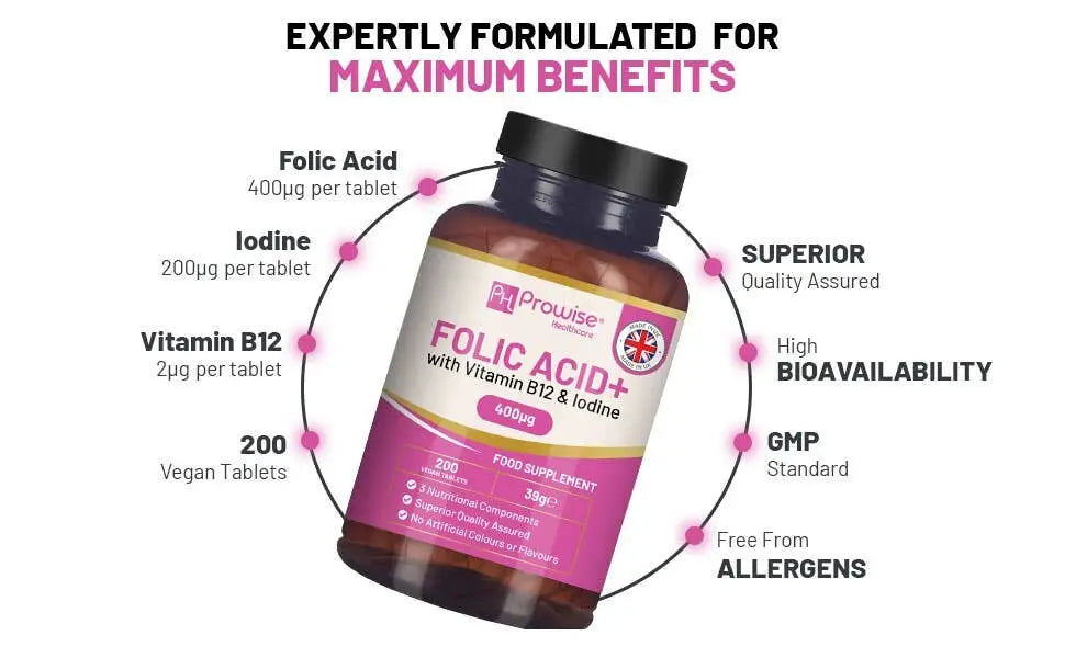Vegane Folsäure 400 mcg Tabletten mit Vitamin B12 und Jod, Nahrungsergänzung von Prowise Healthcare, packungsbild