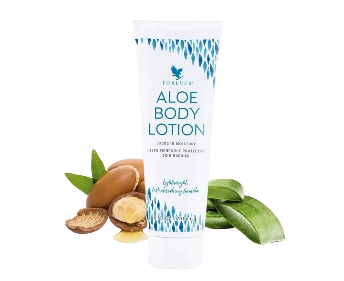 Weiche weiße Tube der Forever Aloe Body Lotion, Naturkosmetik-Körperpflege von Forever Living, für gepflegte, feuchte Haut.