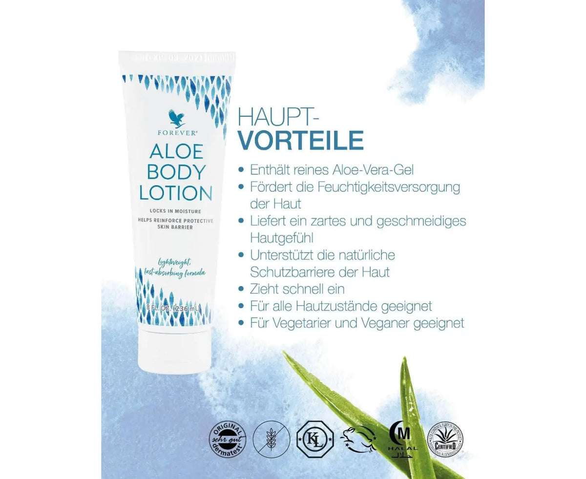 Forever Aloe Body Lotion in weißer Tube, natürliche Körperpflege von Forever Living, feuchtigkeitsspendende Naturkosmetik.